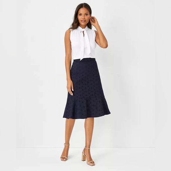 Ann Taylor Navy Eyelet Flounce Pencil Skirt Petite - Picture 2 of 10